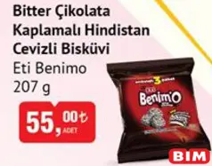 ETİ BENİMO BİTTER ÇİKOLATA KAPLAMALI HİNDİSTAN CEVİZLİ BİSKÜVİ 207 G ETİ BENİMO BİTTER ÇİKOLATA KAPLAMALI HİNDİSTAN CEVİZLİ BİSKÜVİ 207 G